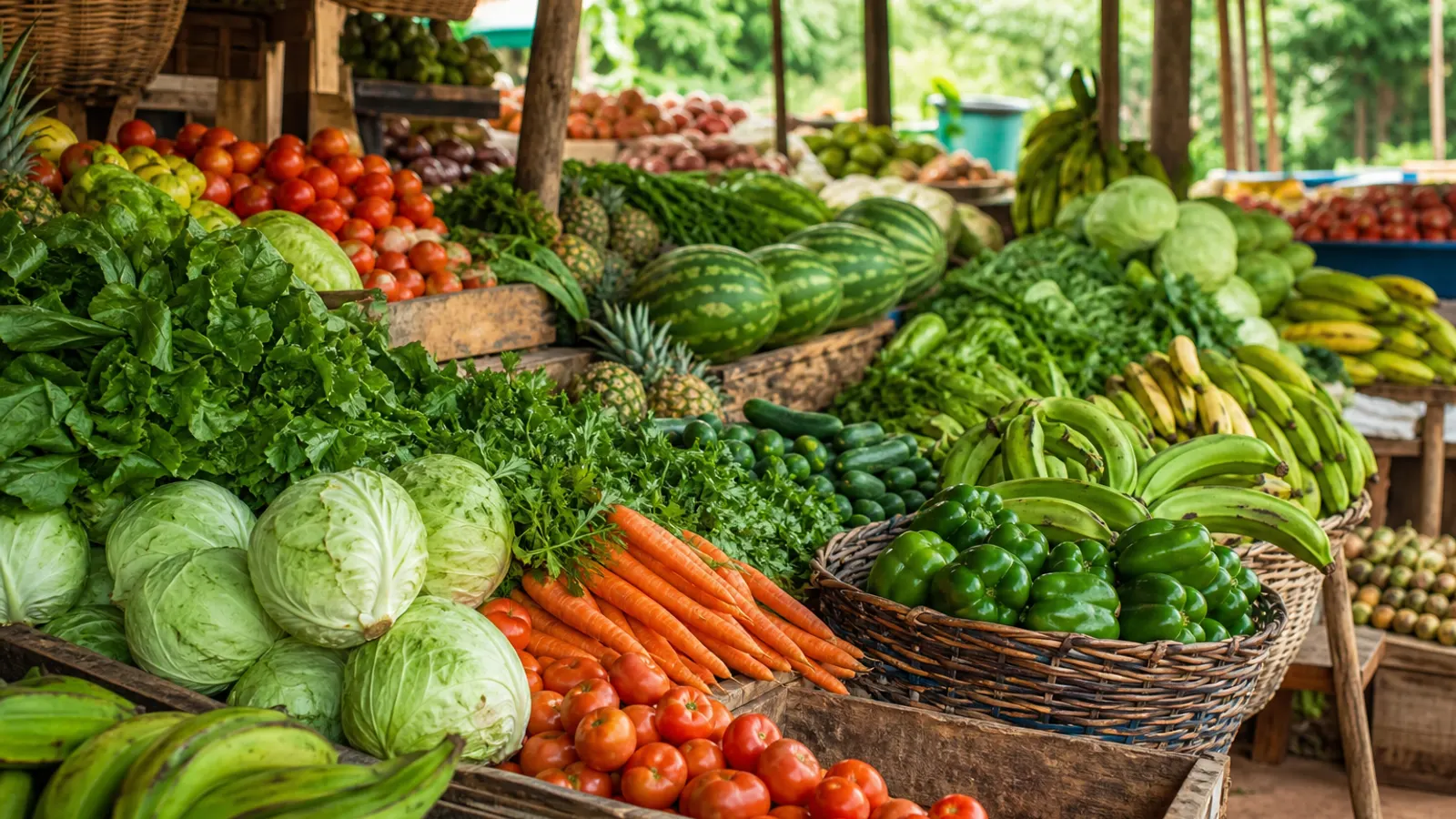 Colourful African produce market display with crates of fresh vegetables and fruit