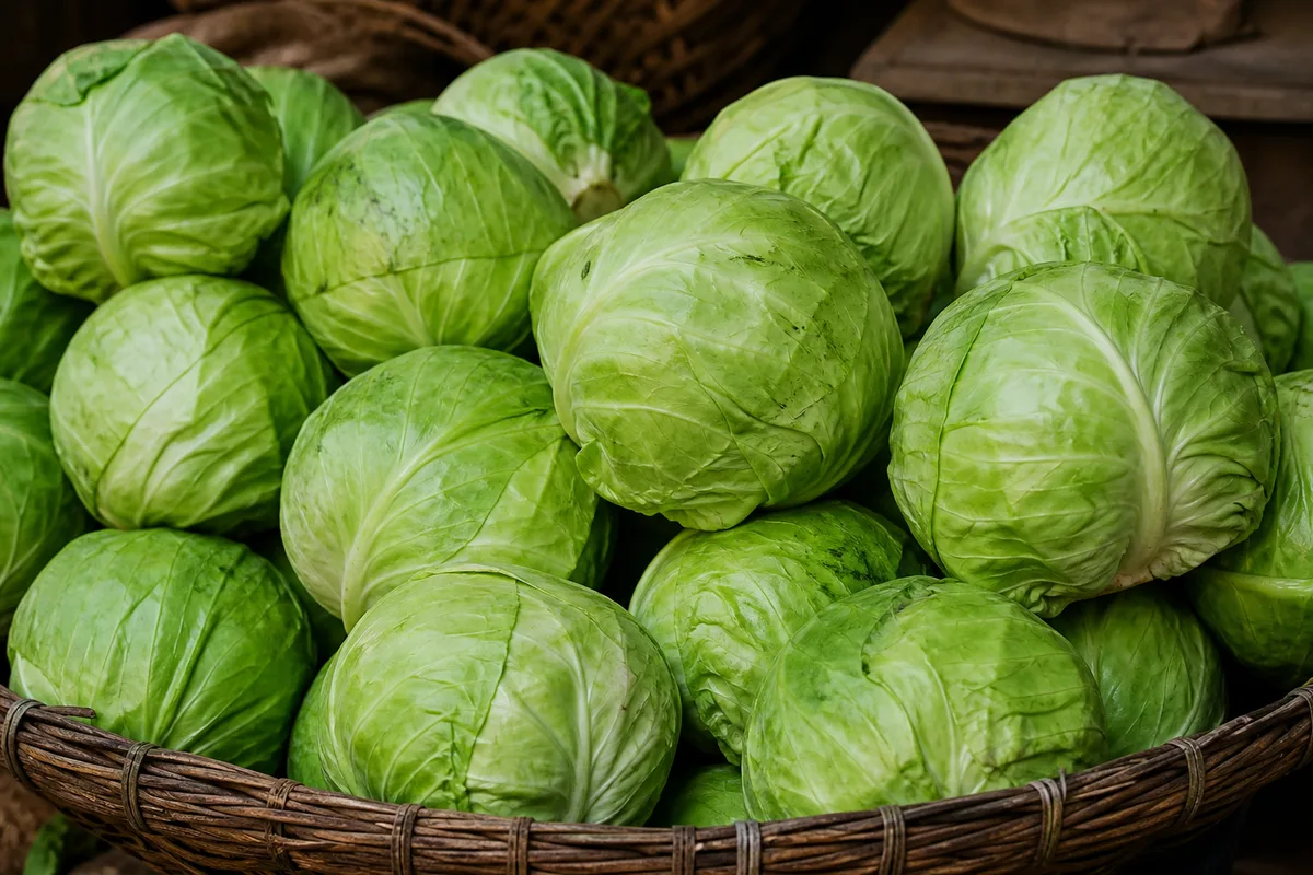 Fresh cabbages piled in a woven market basket