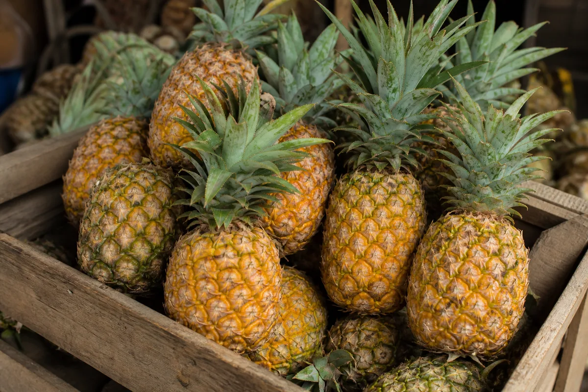 Fresh pineapples arranged in a wooden crate