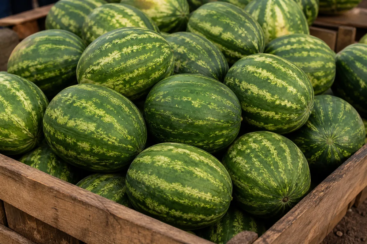 Fresh watermelons stacked in a wooden market crate