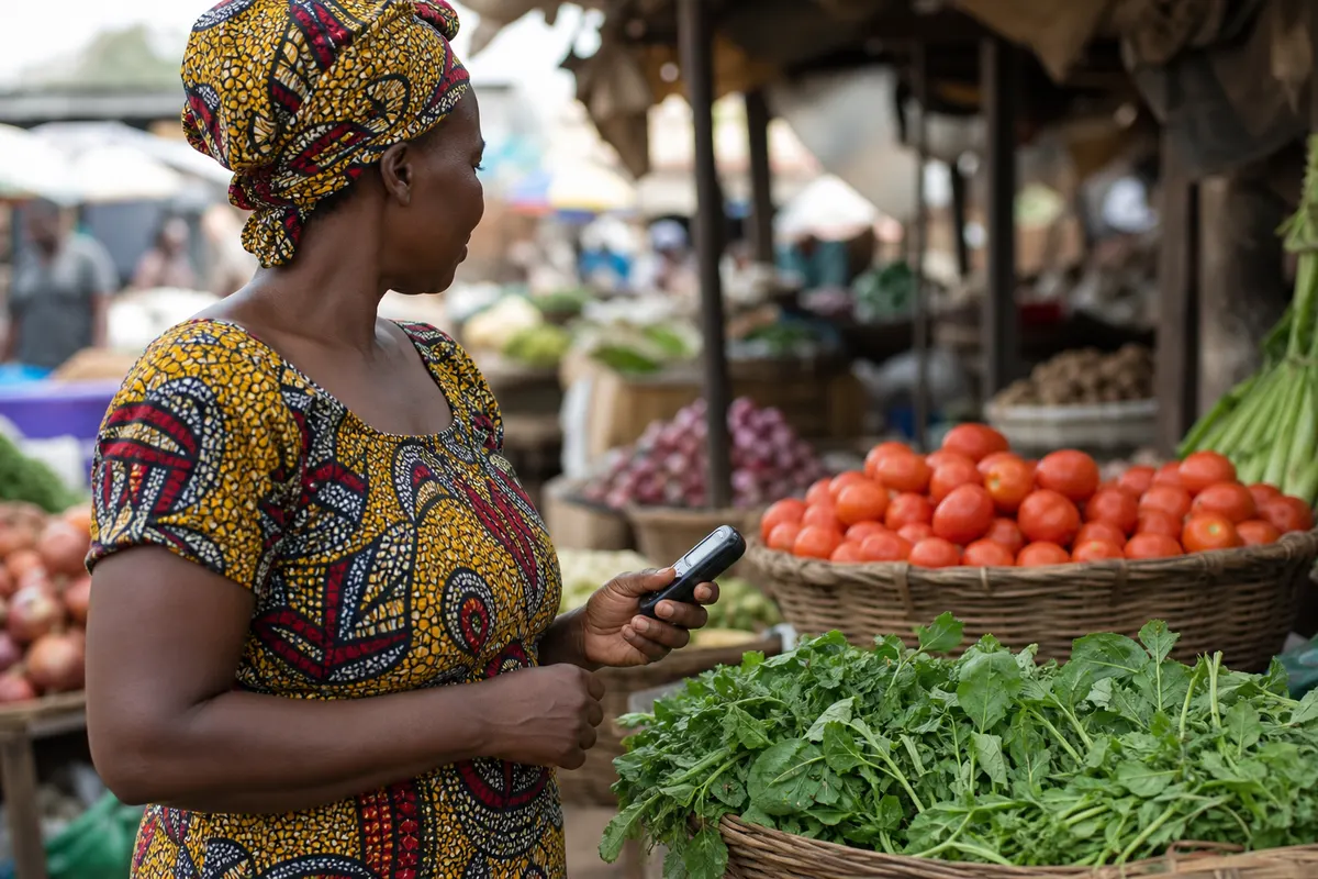 Market woman vendor with a feature phone beside fresh produce
